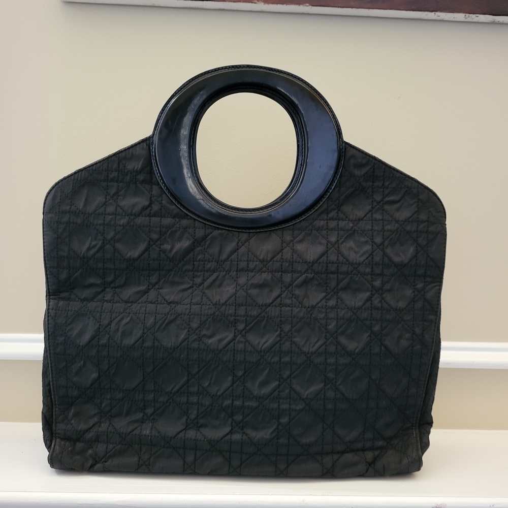 Christian Dior Cannage Tote Hand Bag Quilted Leather Cloth Black...Auth,,w/COA